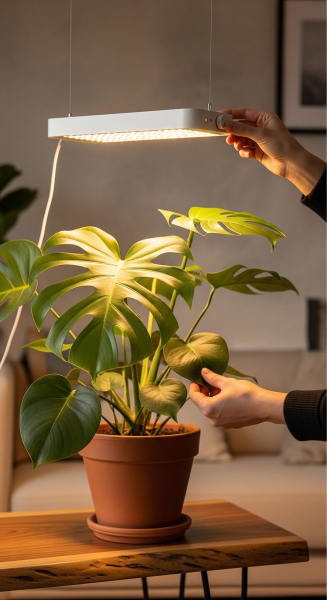 a person adjusting a grow light above a monstera plant, for monstera grow light