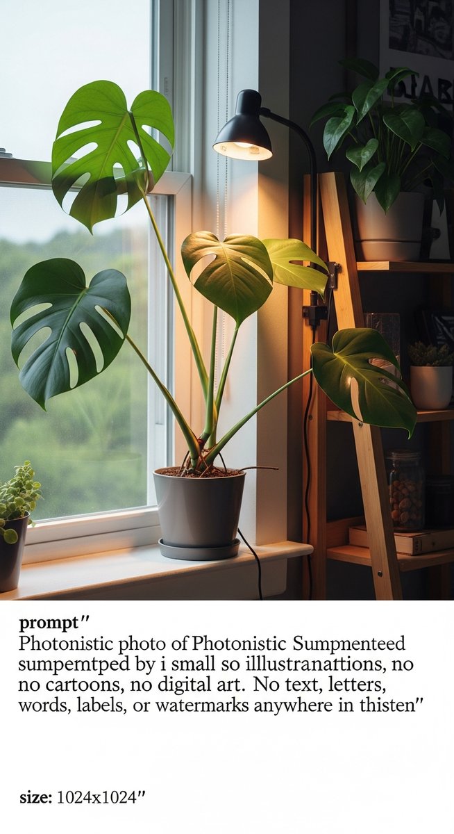 a monstera plant on a windowsill supplemented by a grow light