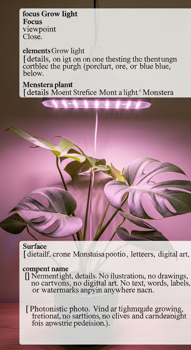close-up of a grow light above a monstera plant
