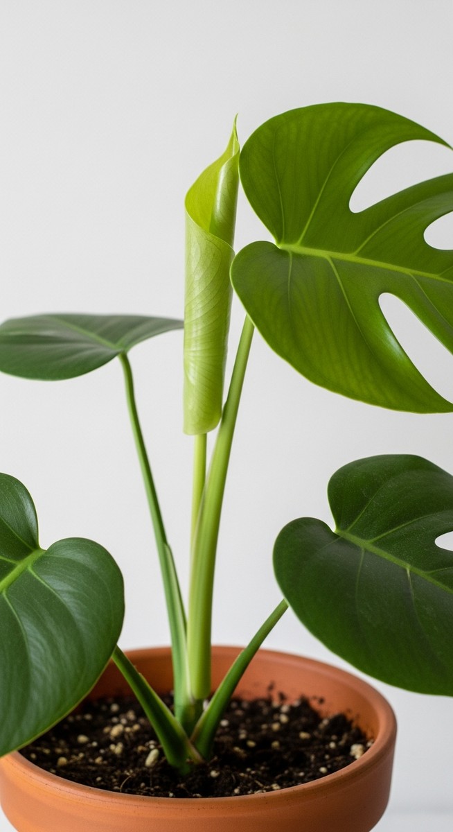 A healthy monstera plant in a pot with a new leaf unfurling from the stem