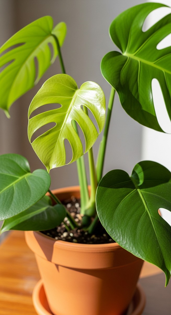 A healthy monstera plant in a pot with a new leaf unfurling from the stem, for monstera grow new leaves