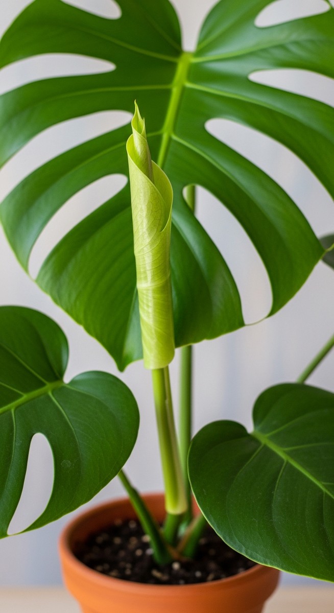 A healthy monstera plant in a pot with a new leaf unfurling from the stem, for monstera grow new leaves