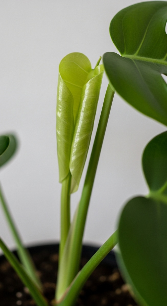 A healthy monstera plant in a pot with a new leaf unfurling from the stem