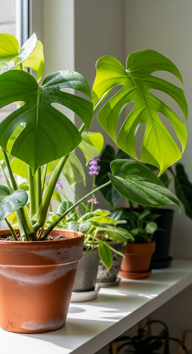 a lush monstera plant in a terracotta pot on a white shelf