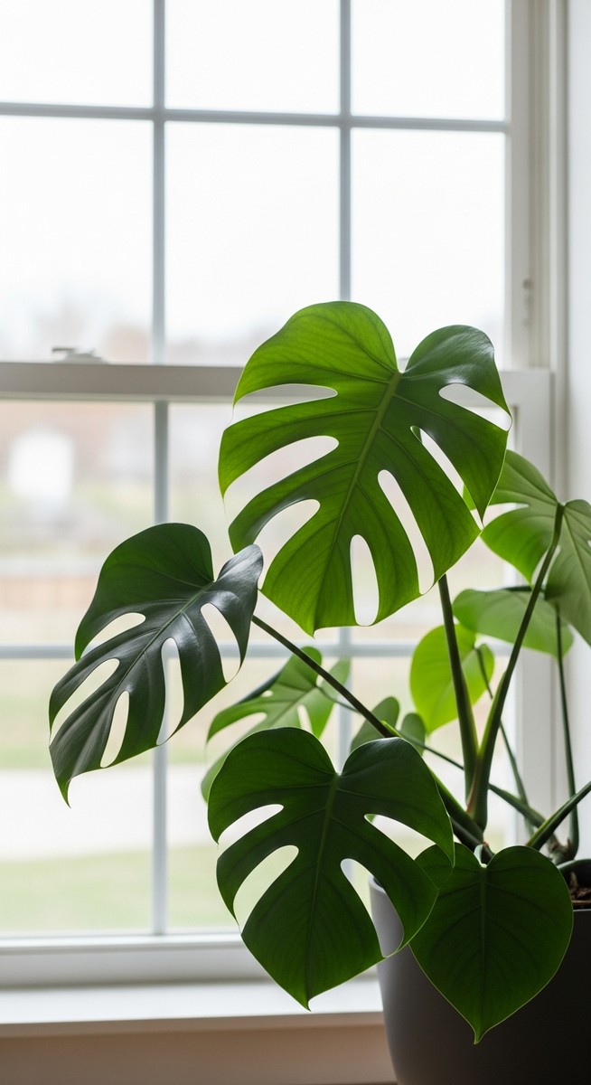 a monstera plant in a pot near a bright window