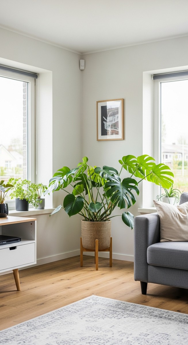 a large thriving monstera plant as a living room focal point, for monstera growth stages