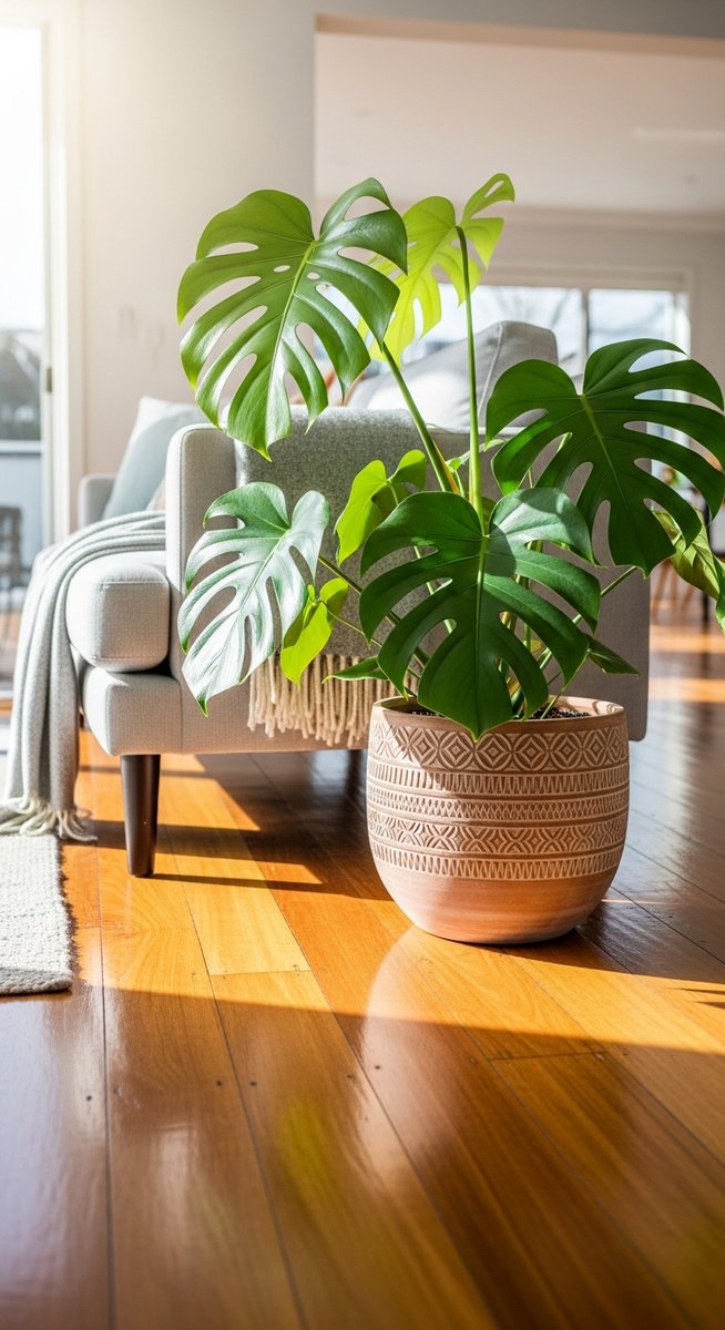 a monstera plant in a decorative pot on a wooden floor