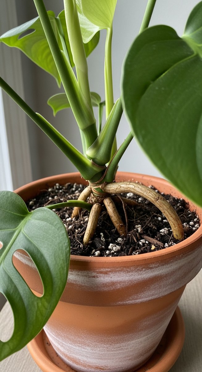 close-up of the base and lower leaves of a monstera plant, for monstera growth stages