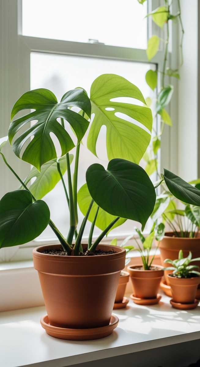 a lush monstera plant in a terracotta pot on a white shelf