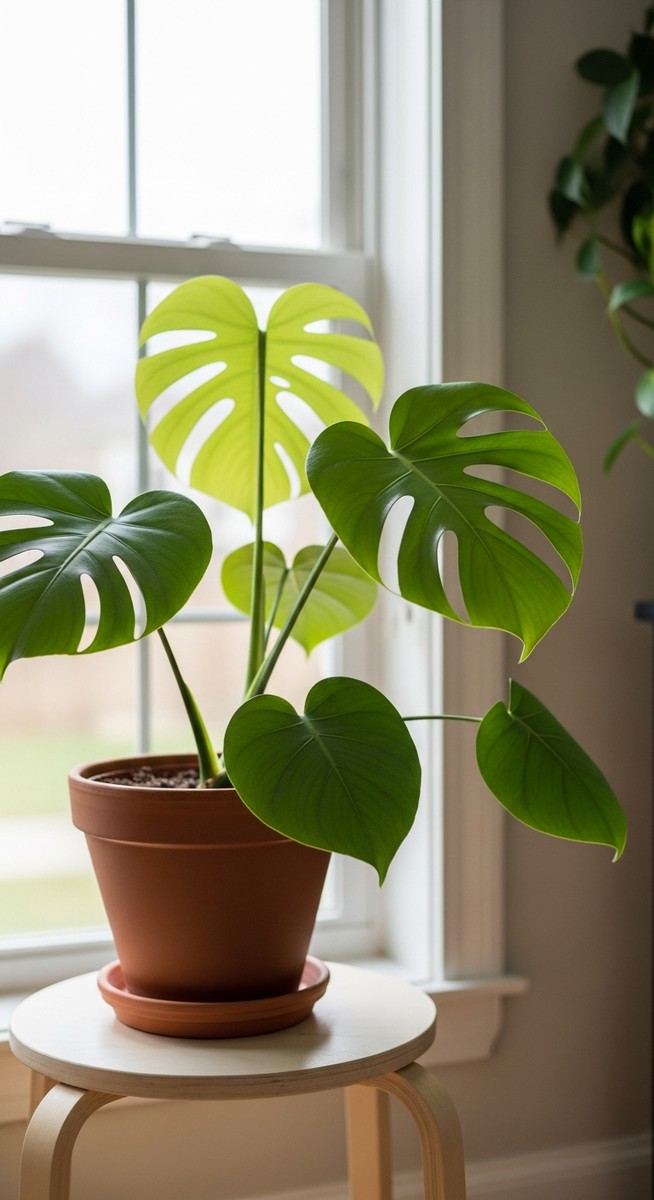 a monstera plant in a pot near a bright window