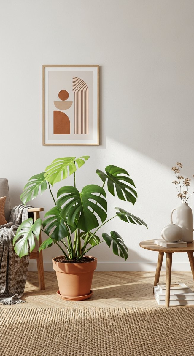 a large thriving monstera plant as a living room focal point, for monstera humidity
