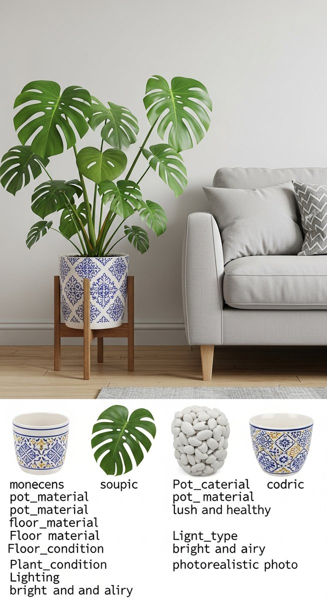 a monstera plant in a decorative pot on a wooden floor