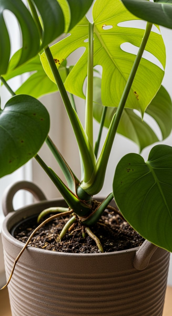 close-up of the base and lower leaves of a monstera plant, for monstera humidity
