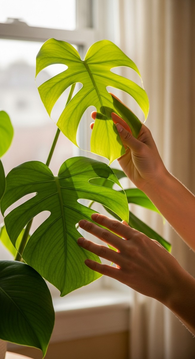 hands touching the leaves of a healthy monstera plant