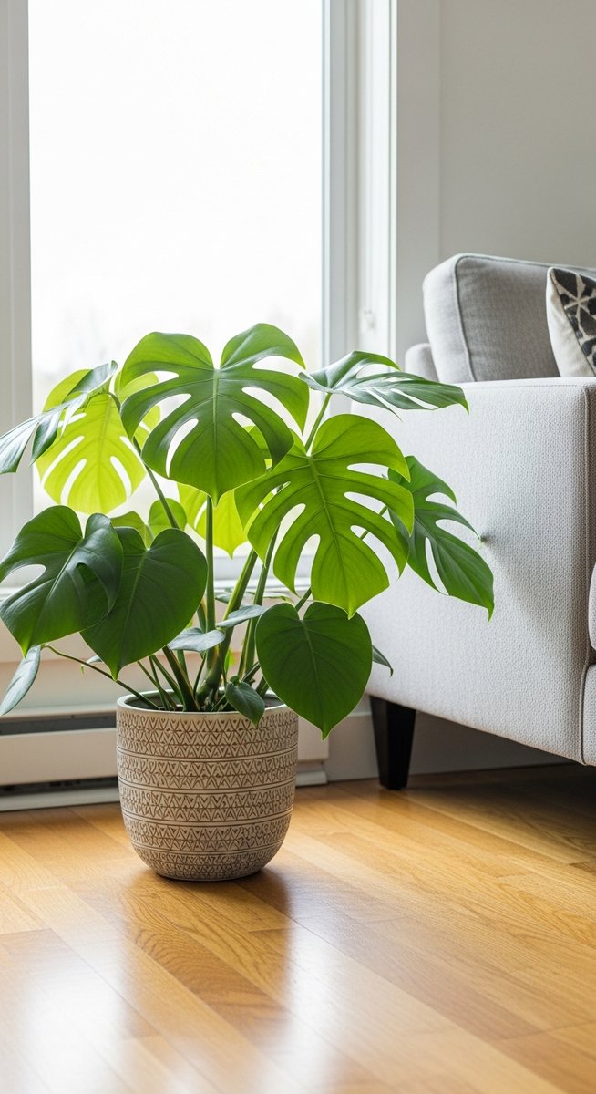 a monstera plant in a decorative pot on a wooden floor