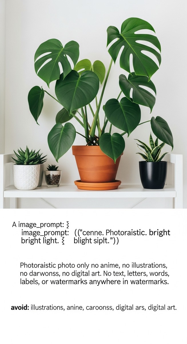 a lush monstera plant in a terracotta pot on a white shelf