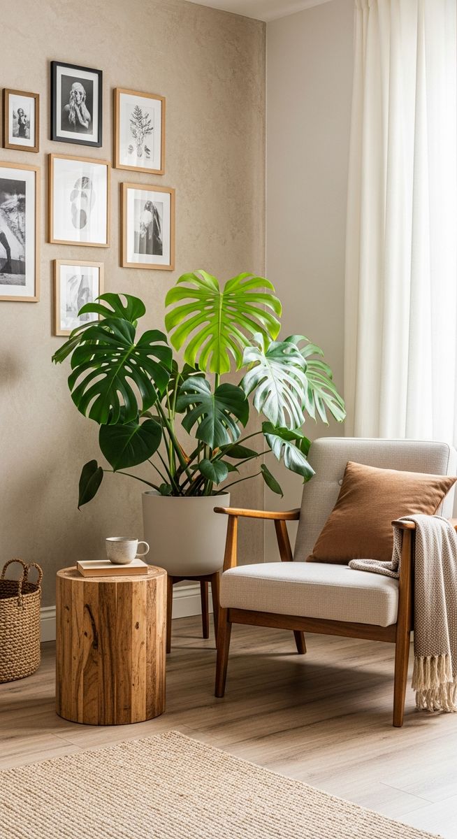 a large thriving monstera plant as a living room focal point, for monstera laniata