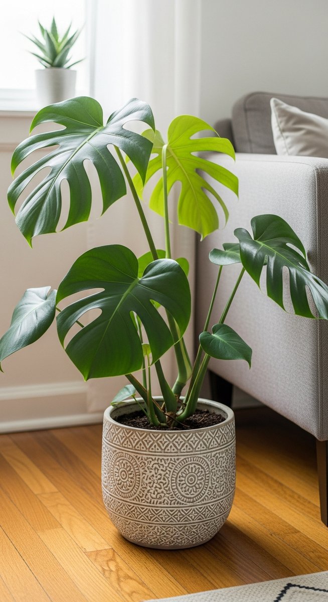 a monstera plant in a decorative pot on a wooden floor
