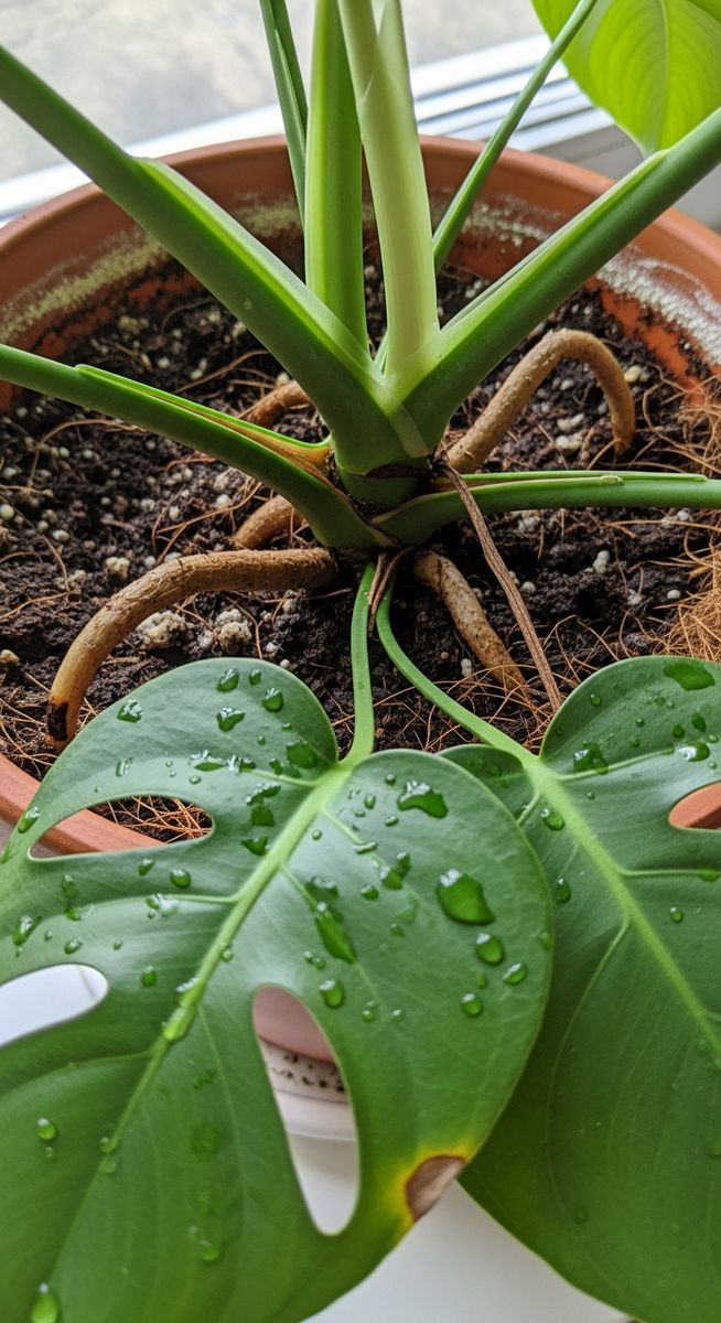 close-up of the base and lower leaves of a monstera plant, for monstera laniata