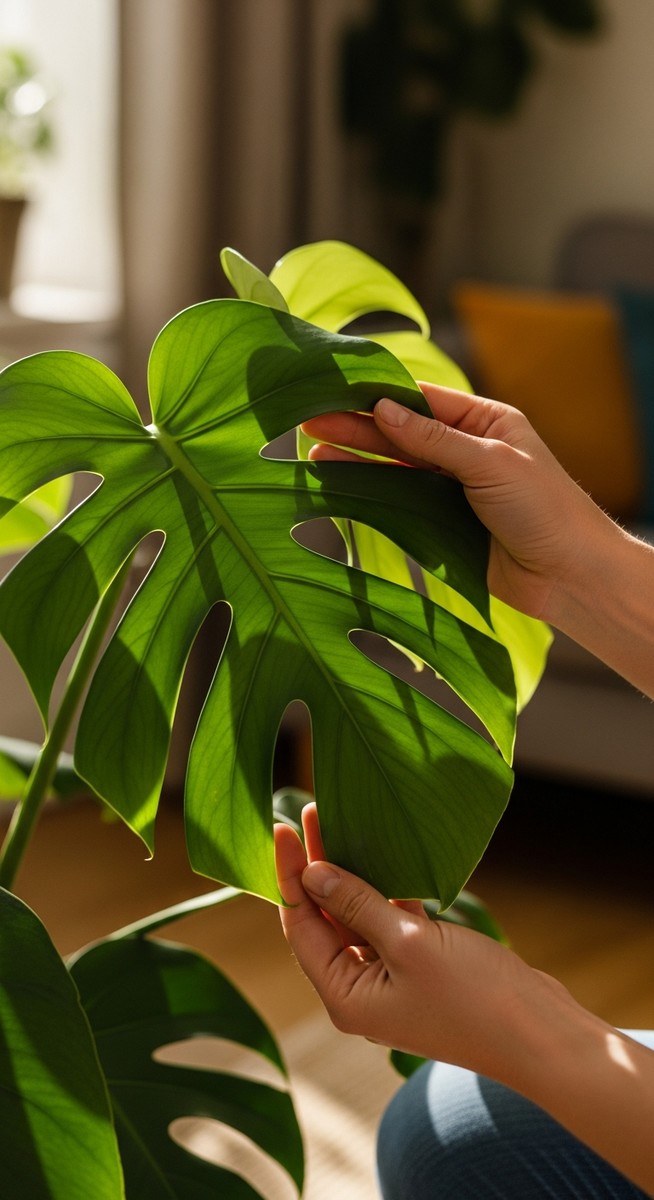 hands touching the leaves of a healthy monstera plant