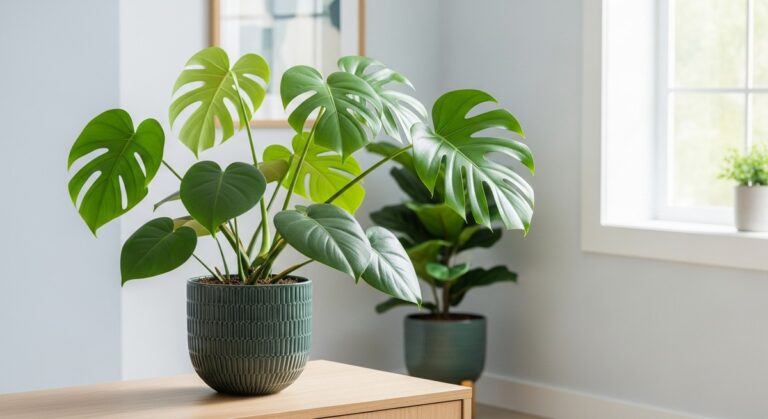 a healthy monstera plant displayed in a bright modern living room, for monstera laniata