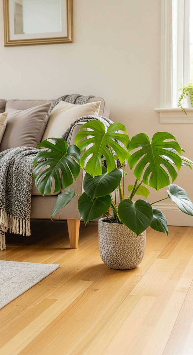 a monstera plant in a decorative pot on a wooden floor