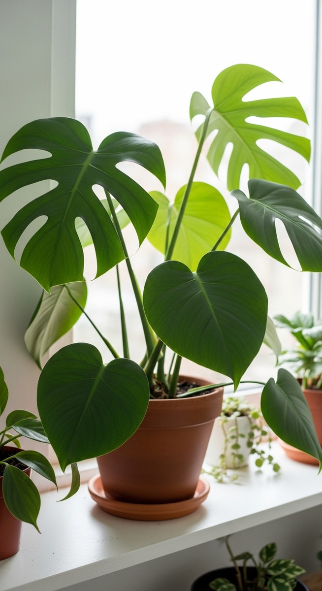 a lush monstera plant in a terracotta pot on a white shelf