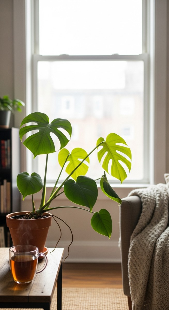 a monstera plant in a pot near a bright window