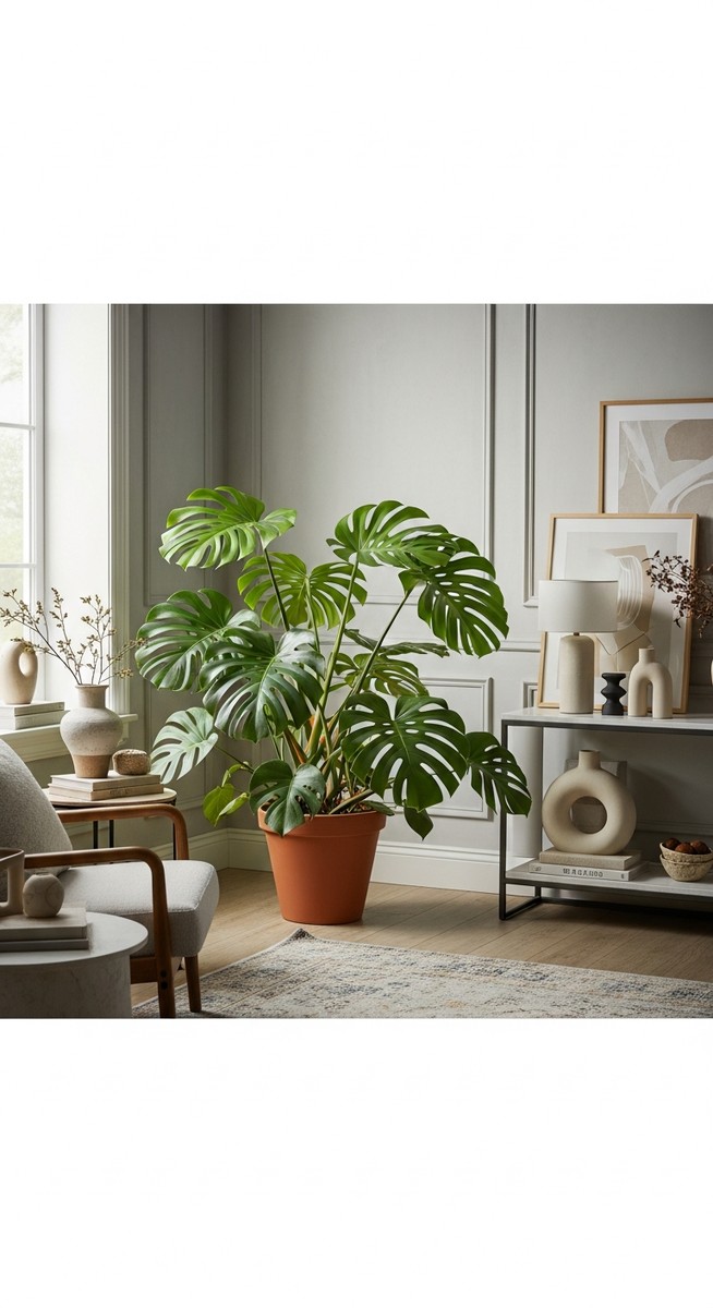 a large thriving monstera plant as a living room focal point, for monstera leaves