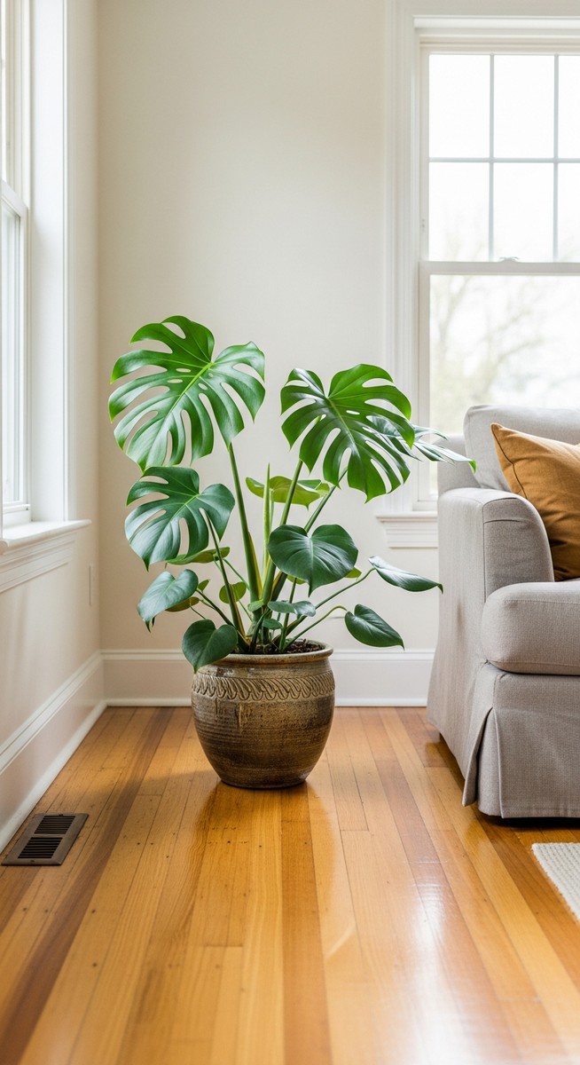a monstera plant in a decorative pot on a wooden floor