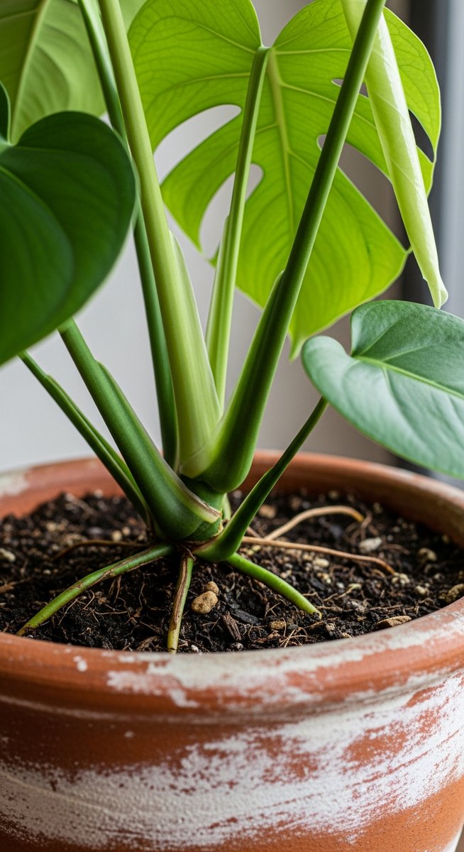 close-up of the base and lower leaves of a monstera plant, for monstera leaves