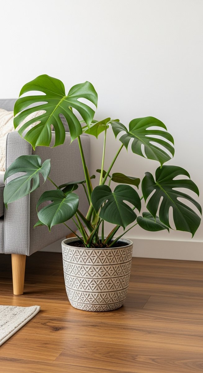 a monstera plant in a decorative pot on a wooden floor