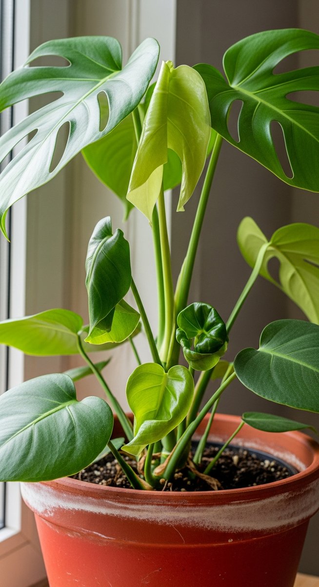 a monstera plant with several curled and cupped leaves, for monstera leaves curling