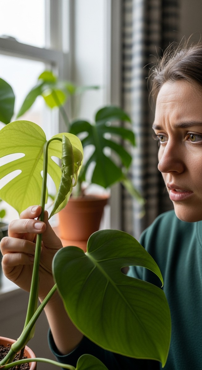 a person examining the curled leaves of a monstera plant, for monstera leaves curling