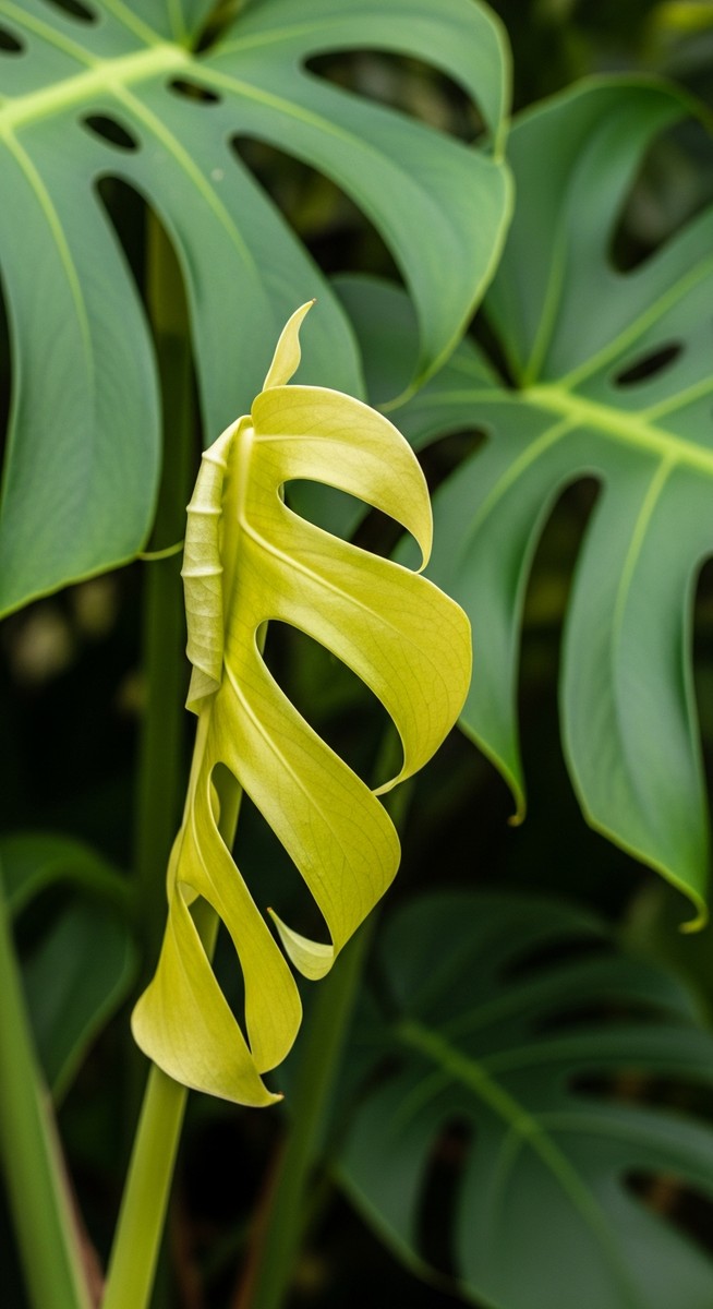 a single curled monstera leaf contrasted against healthy flat leaves, for monstera leaves curling
