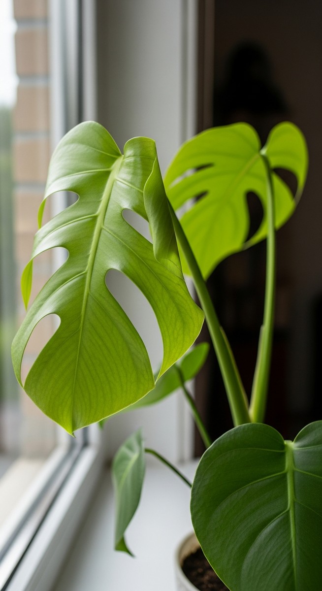 a monstera plant on a windowsill with noticeably curling leaves