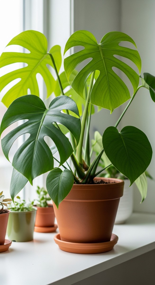 a lush monstera plant in a terracotta pot on a white shelf