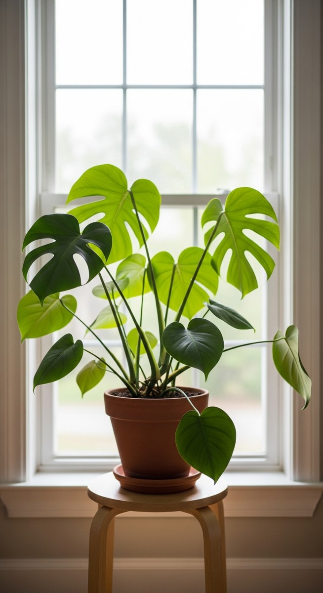 a monstera plant in a pot near a bright window