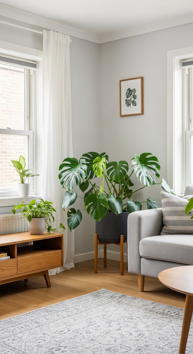 a large thriving monstera plant as a living room focal point, for monstera leaves grow back