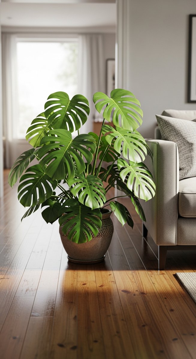 a monstera plant in a decorative pot on a wooden floor