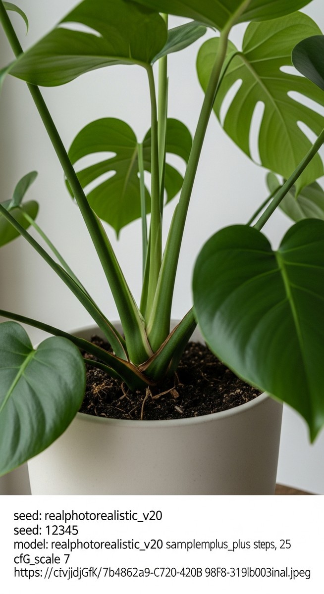 close-up of the base and lower leaves of a monstera plant, for monstera leaves grow back