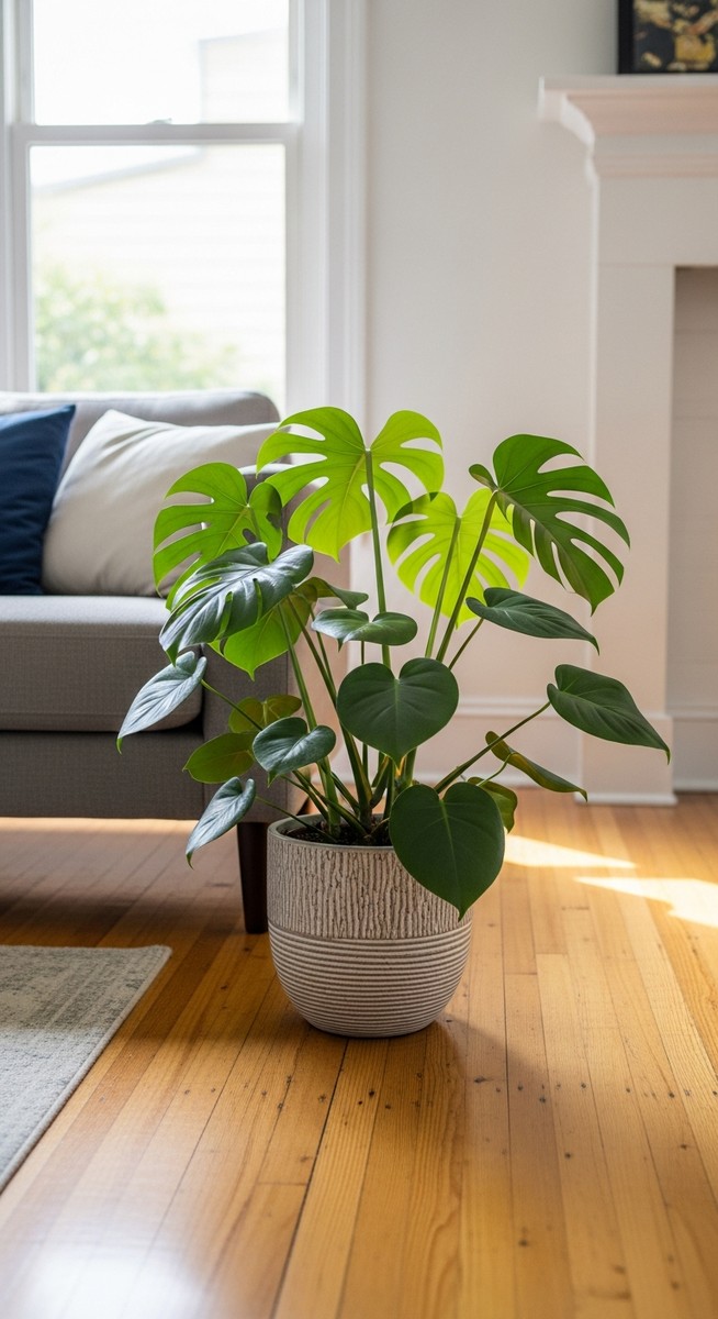 a monstera plant in a decorative pot on a wooden floor