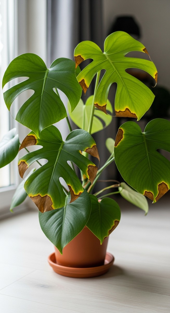 a monstera plant with several leaves showing brown spot damage