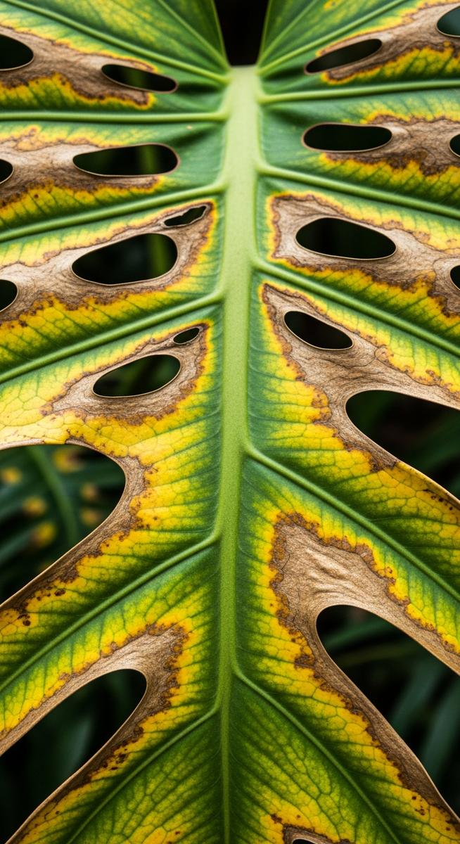 close-up of a single monstera leaf with brown spots and discolouration, for monstera leaves turning brown