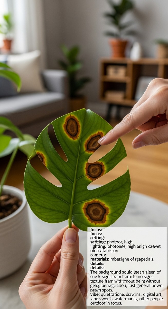 a person inspecting brown spots on a monstera leaf