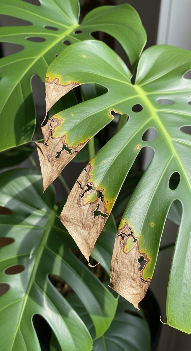 close-up of monstera leaves showing brown edges and spots, for monstera leaves turning brown