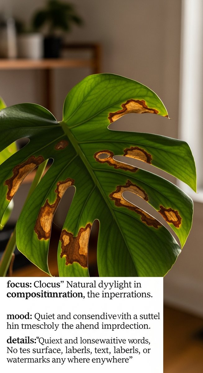 a monstera plant with brown spotted leaves in a home setting
