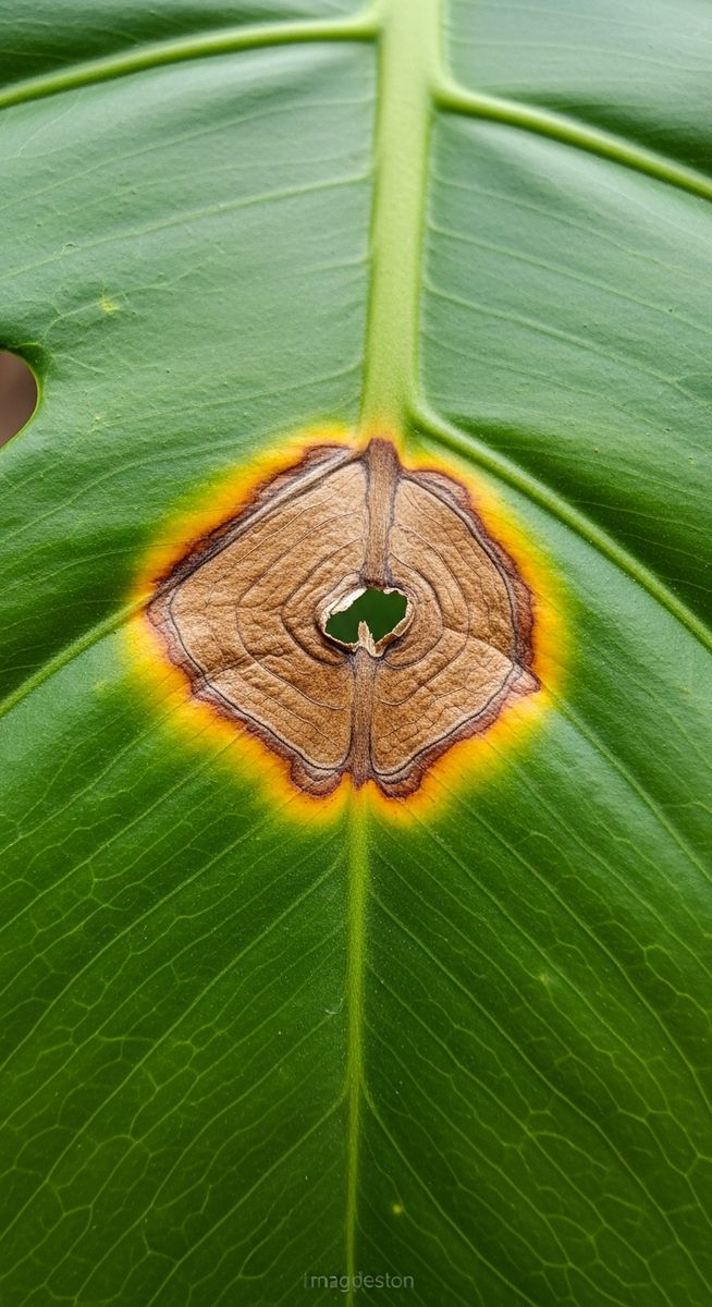 macro close-up of brown spot damage on a monstera leaf, for monstera leaves turning brown