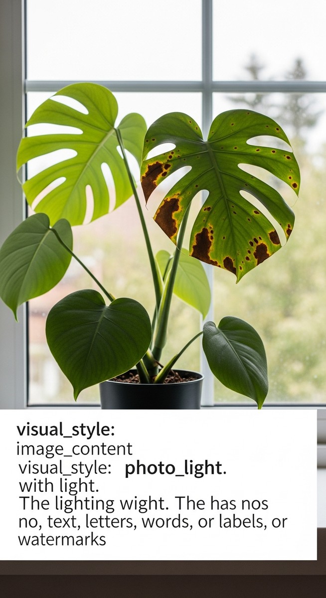 a monstera plant with brown spotted foliage on a windowsill