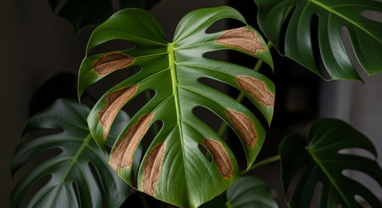 close-up of monstera leaves showing brown spots on the surface, for monstera leaves turning brown